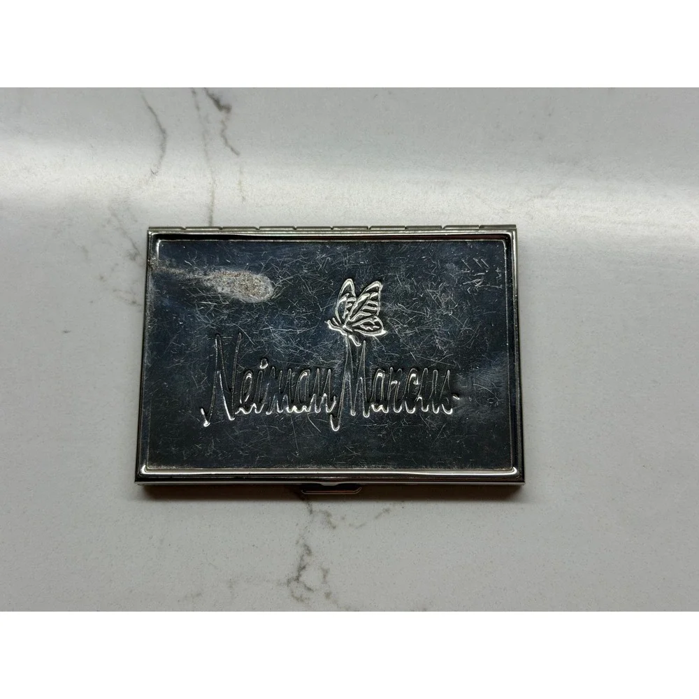 Neiman Marcus Vintage Silver Tone Butterfly Logo Double Compact Mirror